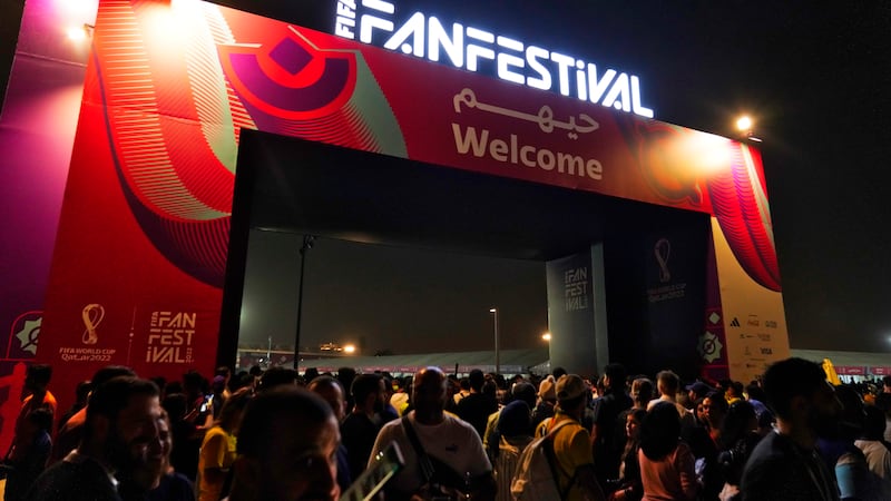 Fans crowd the FIFA Fan Festival site in Doha, Qatar, Saturday, Nov. 19, 2022. Authorities...