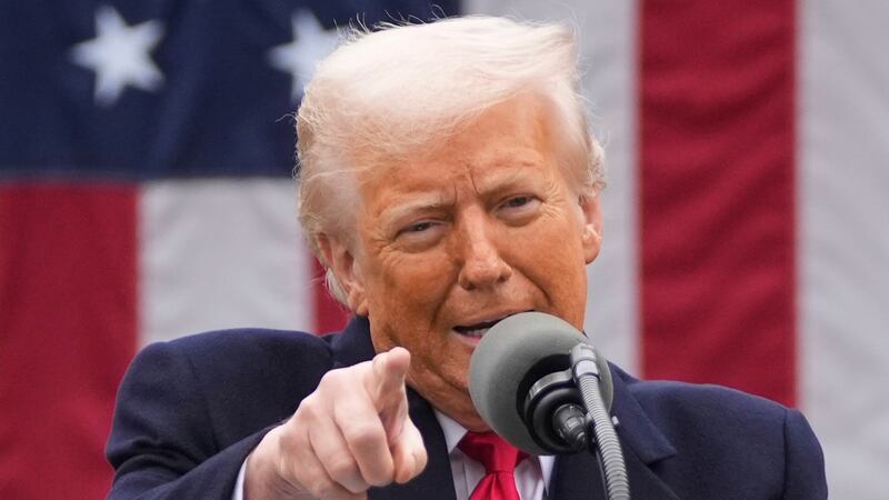 FILE - President Donald Trump speaks during an event to announce new tariffs in the Rose...