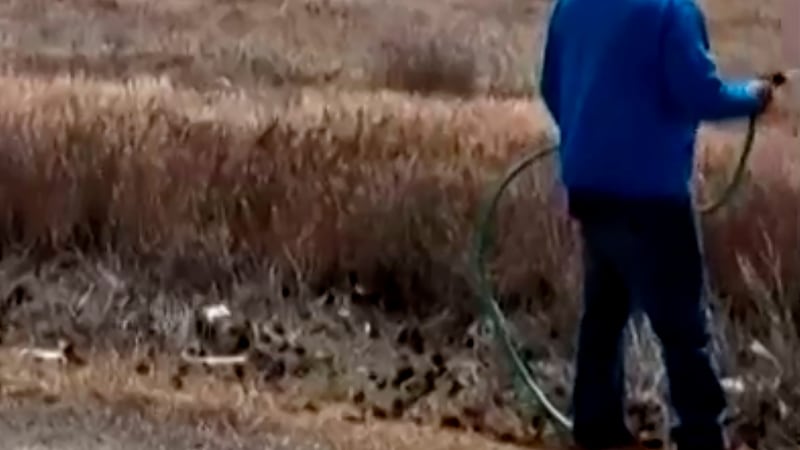 Esta imagen tomada de un video muestra una columna de humo que se eleva cerca de la Base de la...