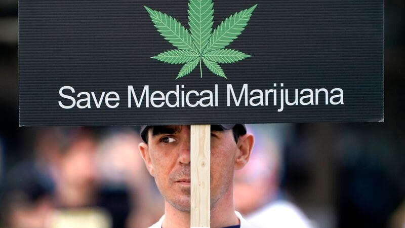 ARCHIVO - Un manifestante a favor de la marihuana para uso medicinal sostiene un cartel afuera...
