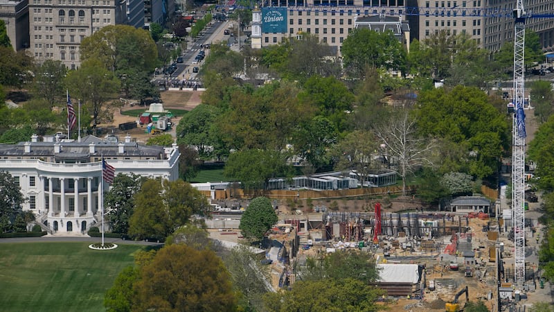 Work continues on the construction of the ballroom at the White House, Thursday, April 9,...