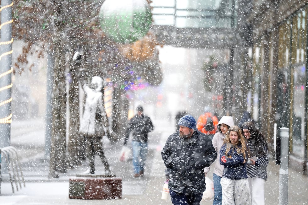 Una intensa nevada cae en el centro comercial Nicollet el domingo 28 de diciembre de 2025, en...