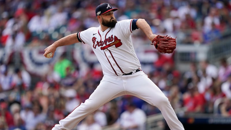 Atlanta Braves relief pitcher Jackson Stephens (53) works from the mound during the eighth...