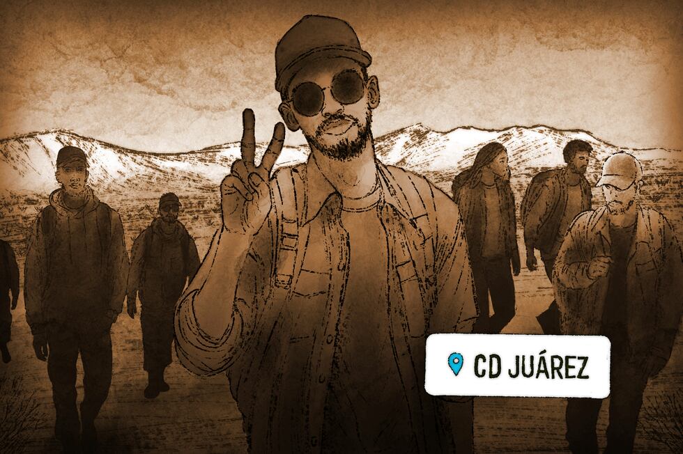 Illustration of smugglers taking selfies and other photos of migrants on their journeys to...