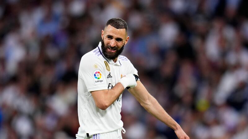 Real Madrid's Karim Benzema reacts during a Spanish La Liga soccer match between Real Madrid...
