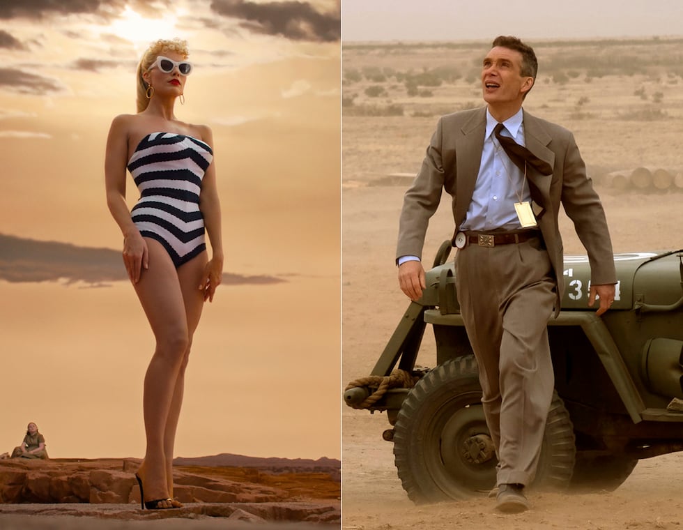 Esta combinación de imágenes muestra a Margot Robbie en una escena de "Barbie", a la...