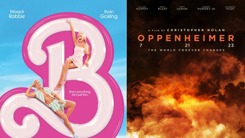 Esta combinación de imágenes muestra el arte promocional de 'Barbie' y 'Oppenheimer'. (Warner...