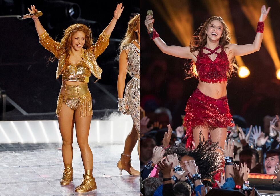 En esta combinación de fotografías, Shakira durante su presentación en el espectáculo de medio...
