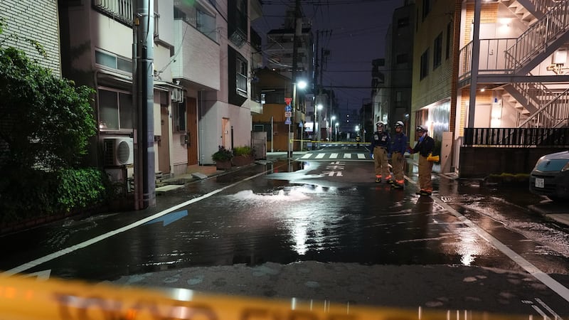 Rescatistas del Departamento de Bomberos de Tokio junto a un camino parcialmente inundado, la...