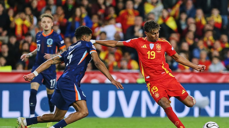 FILE - Spain's Lamine Yamal, right, scores his side third goal during the UEFA Nations League...