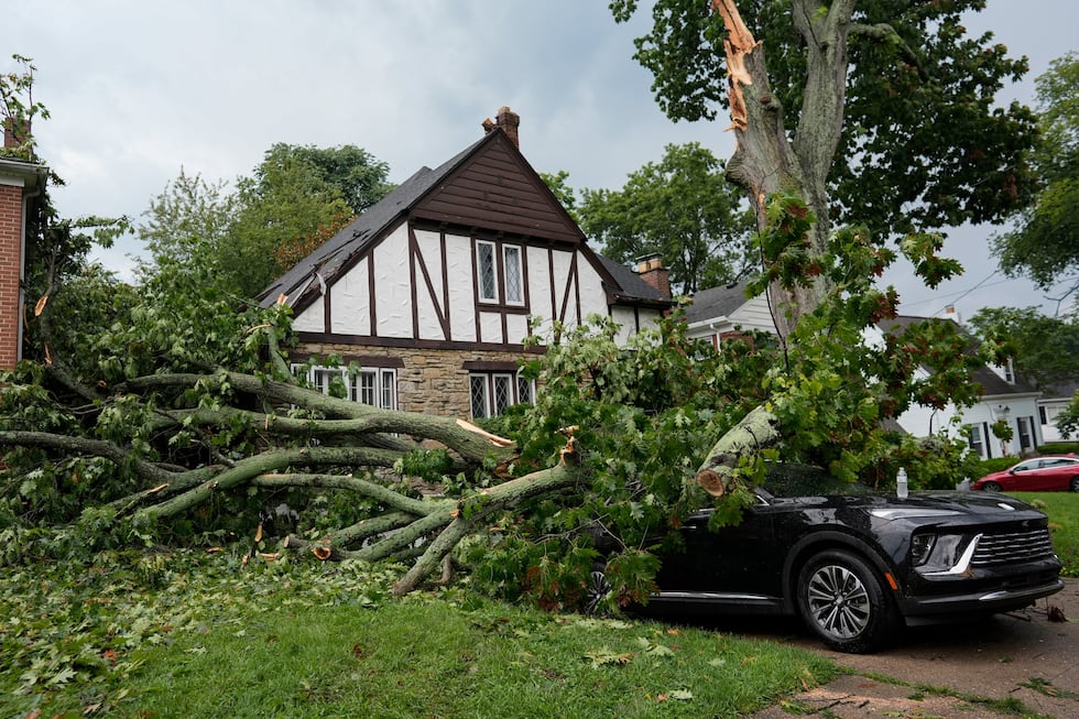 Un automóvil yace bajo un roble derribado por fuertes tormentas el martes, en una fotografía...