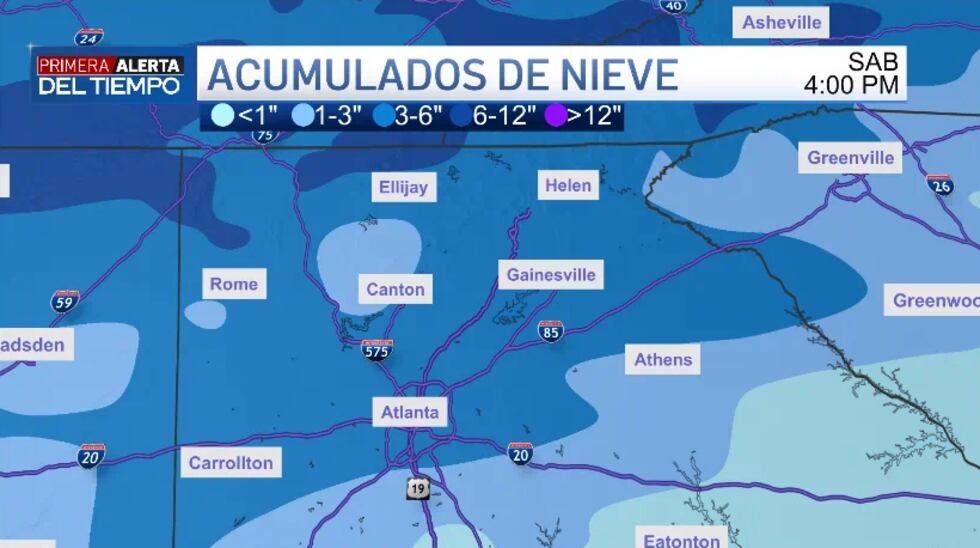 Los acumulados de nieve que se esperan en el norte de Georgia.