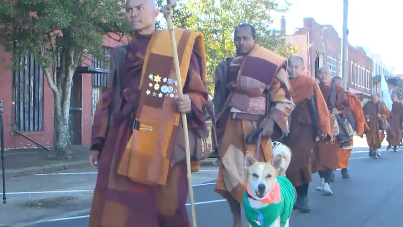 Buddhist Monks making a cross-country journey for peace stopped in Selma to rest and share...