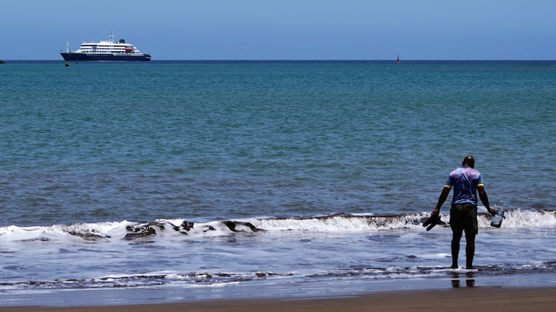 The MV Hondius cruise ship is anchored at a port in Praia, Cape Verde, Monday, May 4, 2026.