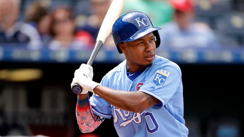 Kansas City Royals' Terrance Gore bats during the third inning of a baseball game Thursday,...