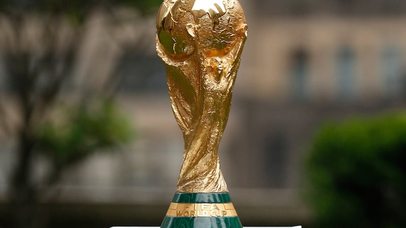 FILE - The FIFA World Cup Trophy is displayed before press conference at Rockefeller Plaza,...
