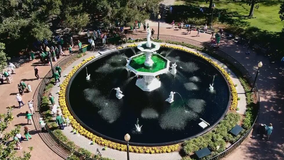 Forsyth Park Fountain green for St. Patrick's Day in Savannah.