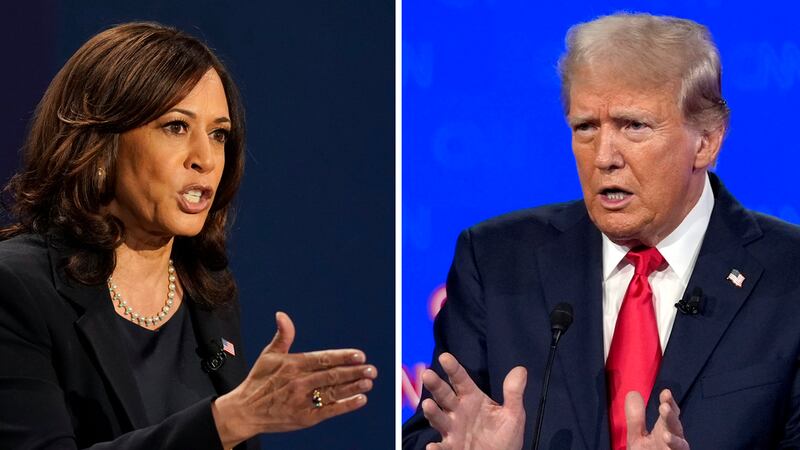 La candidata presidencial demócrata Kamala Harris, izquierda, habla durante un debate el 7 de...
