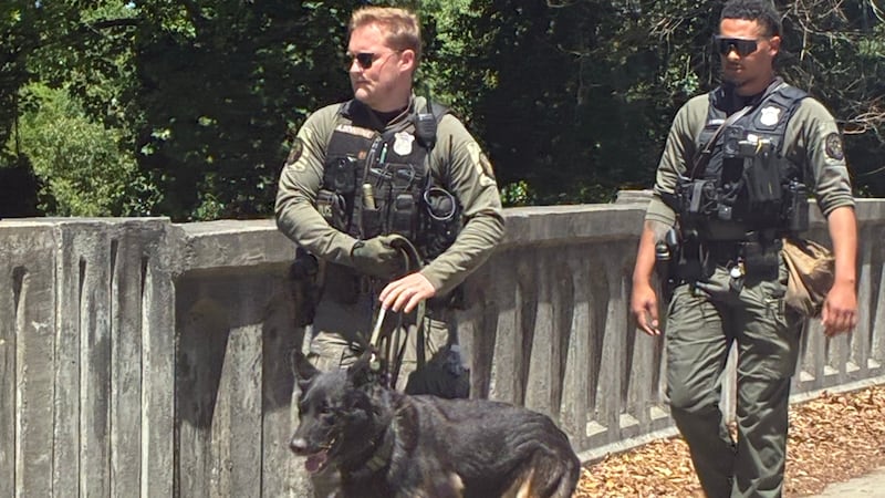 Atlanta police are seen with K-9 near the Atlanta Beltline where a person was stabbed.