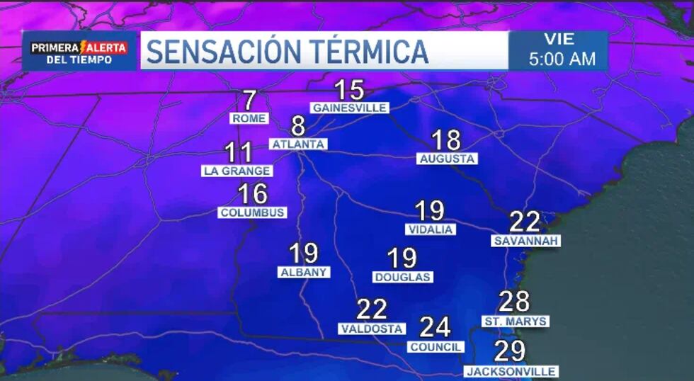 La sensación térmica el viernes en la mañana será de 8ºF en Atlanta.